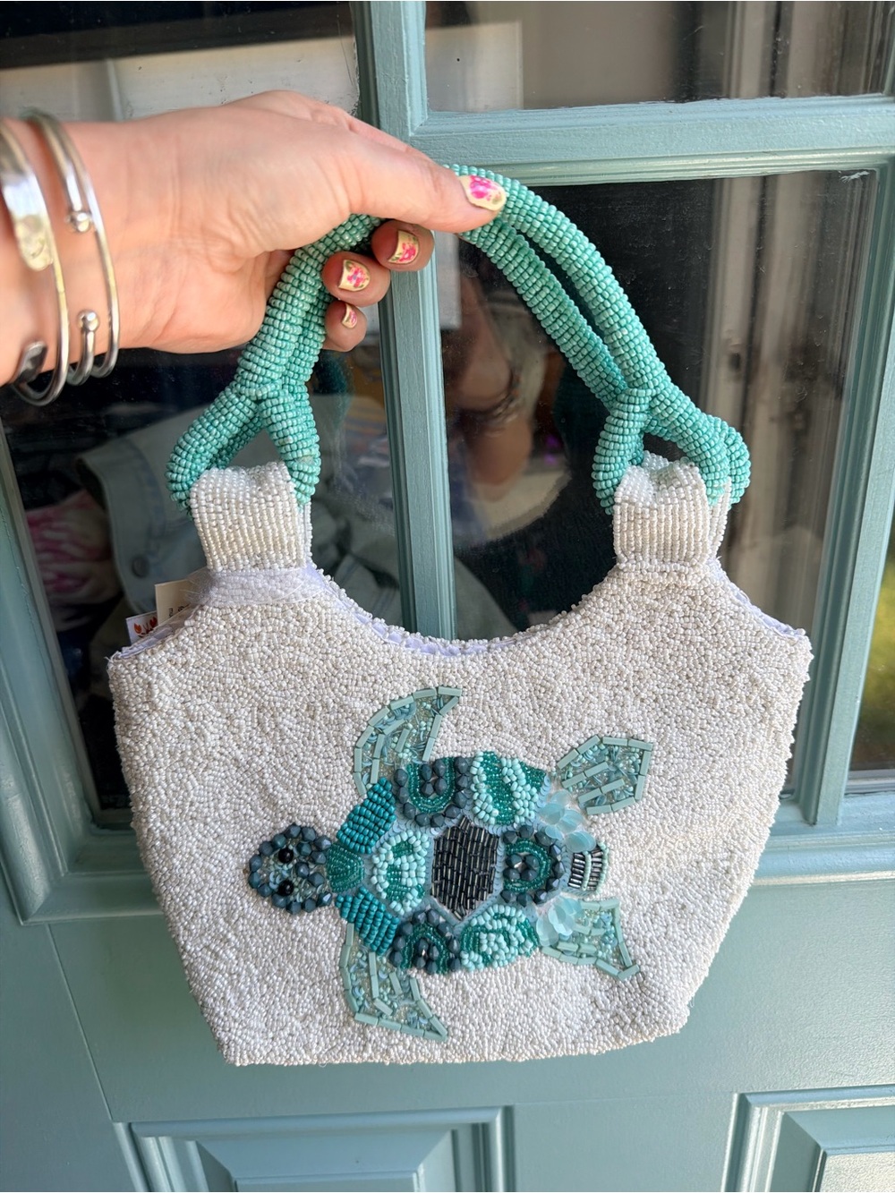 Viral Beaded Sea Turtle Handbag in White and Aqua